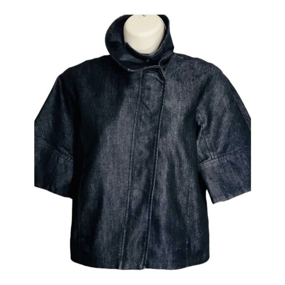 KENNETH COLE NEW YORK JEANS JACKET CROPPED DARK WASH 3/4 SLEEVE FRONT/ZIP - Picture 3 of 8